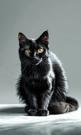 Studio portrait of a black cat with yellow eyes on a gray backgroundの素材