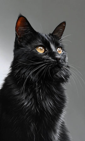 black cat with yellow eyes on a gray background, close-upの素材