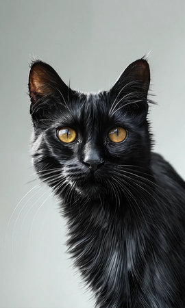 Portrait of a black cat with yellow eyes on a gray backgroundの素材