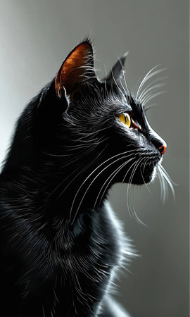 portrait of a black cat with yellow eyes on a gray backgroundの素材