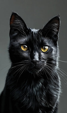 Portrait of a black cat with yellow eyes on a gray backgroundの素材