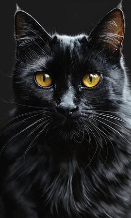 Portrait of a black cat with yellow eyes on a black backgroundの素材