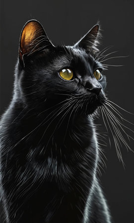 Portrait of a black cat with yellow eyes on a black backgroundの素材