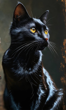 Black cat with yellow eyes on a dark background. Portrait.の素材
