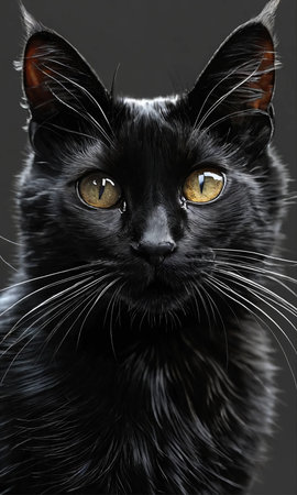 Close-up portrait of a black cat on a gray background.の素材