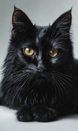 Portrait of a black cat with yellow eyes on a gray backgroundの素材