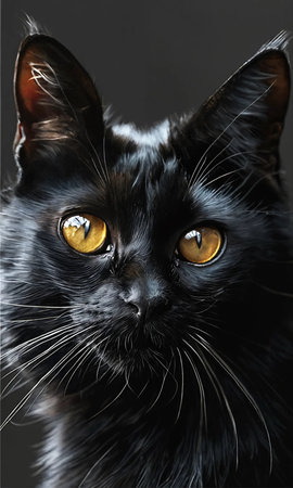 Portrait of a black cat with yellow eyes on a dark backgroundの素材