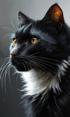 Portrait of a black and white cat with yellow eyes on a gray backgroundの素材