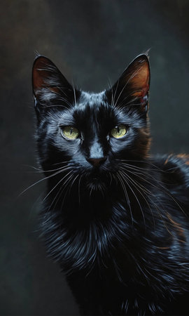 Black cat with green eyes on a dark background. Portrait.の素材