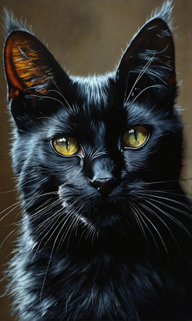 Portrait of a black cat with yellow eyes on a brown backgroundの素材