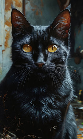 Black cat with yellow eyes, close-up portrait, studio shotの素材