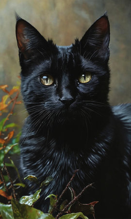 Portrait of a black cat with yellow eyes on a dark backgroundの素材