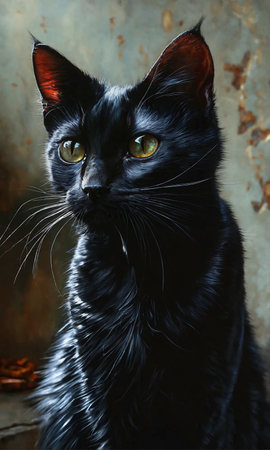 Black cat with yellow eyes on a dark background. Close-up.の素材