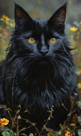 Black cat with yellow eyes in the autumn forest. Beautiful black cat.の素材