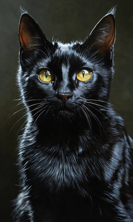Portrait of a black cat with yellow eyes on a dark backgroundの素材