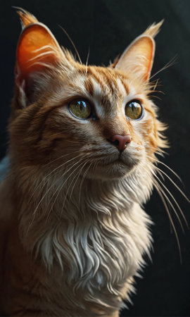 Portrait of a red Maine Coon cat on a black backgroundの素材