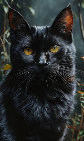Portrait of a black cat with yellow eyes on a dark background.の素材