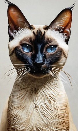 Portrait of a siamese cat with blue eyes on gray backgroundの素材