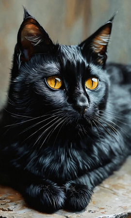 Portrait of a black cat with yellow eyes on a wooden backgroundの素材