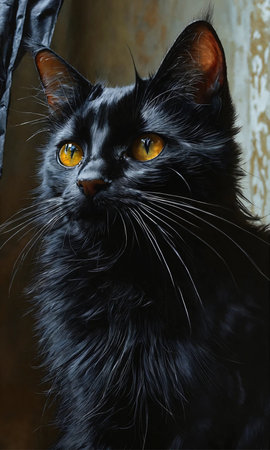 Portrait of a black cat with yellow eyes on a dark backgroundの素材