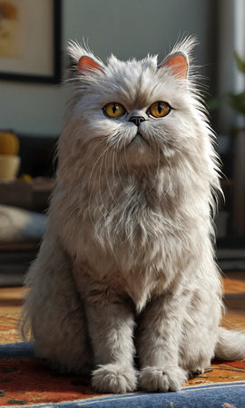 Persian cat with yellow eyes sitting on the carpet in the roomの素材