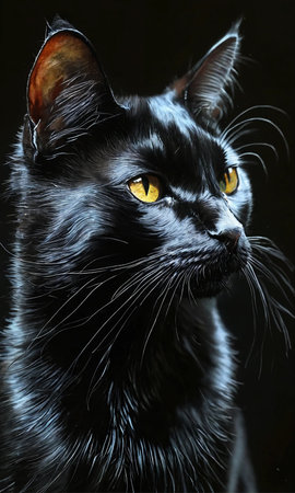 Black cat with yellow eyes on a black background. Studio shot.の素材