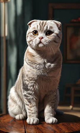 Beautiful scottish fold cat sitting on wooden table at homeの素材