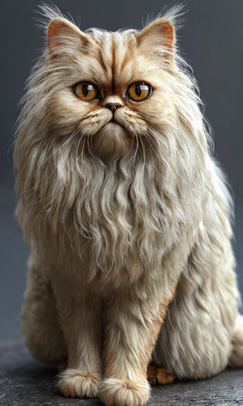 Persian cat with big yellow eyes on gray background, studio shotの素材