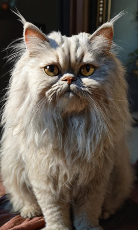 Persian cat with long hair sitting on the windowsill and looking at the cameraの素材