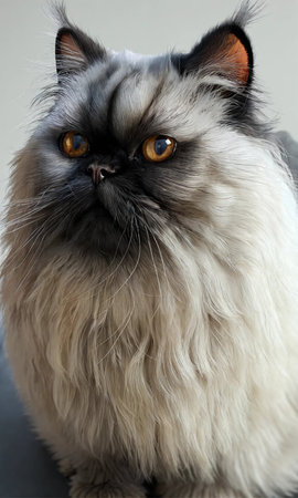 Persian cat with orange eyes on a gray background. Close-up.の素材