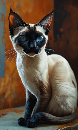 Beautiful Siamese cat with blue eyes sitting on the wall.の素材