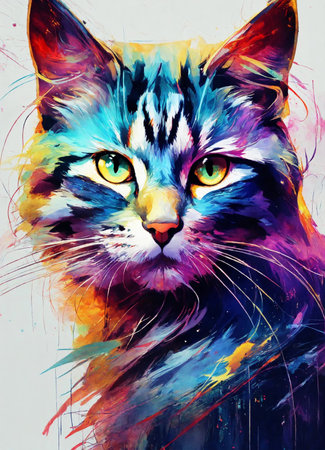 Colorful painting of a cat's face. Hand-drawn illustration.の素材