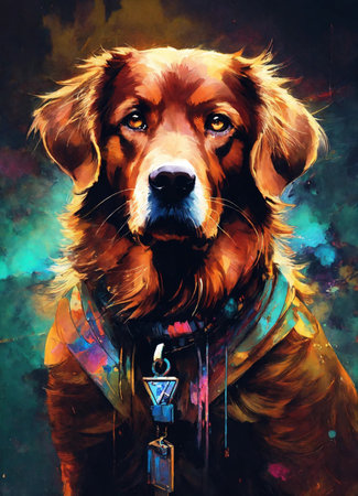 Digital painting of a portrait of a golden retriever in a leather jacket.の素材