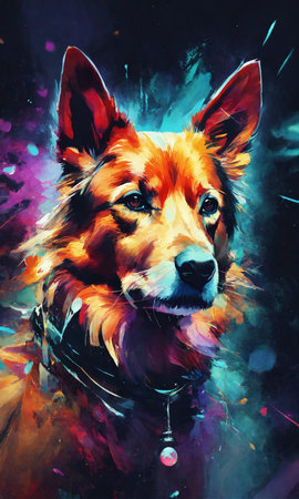 Artistic painting of a dog with a colorful background. Digital painting.の素材