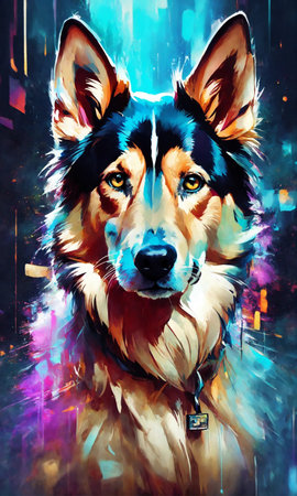 Dog portrait. Digital painting of a dog's head with abstract colorful background.の素材