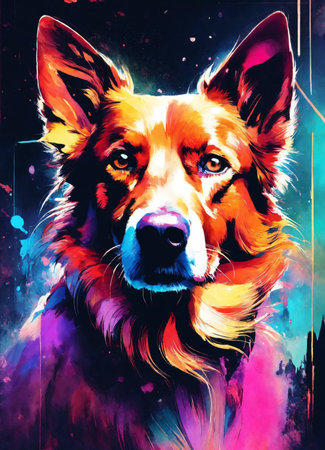 German shepherd dog portrait on abstract colorful background. Digital art painting.の素材
