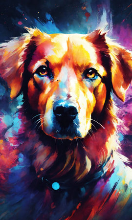Portrait of golden retriever dog. Digital painting. Colorful background.の素材