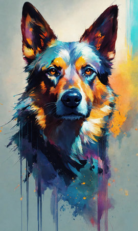 German shepherd dog portrait. Digital watercolor painting on canvas. Colorful background.の素材