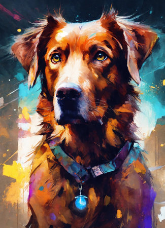 Digital painting of a golden retriever dog on canvas. Digital painting.の素材