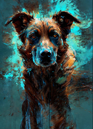 Dog painting on canvas. Digital art painting. Dog face. Dog portrait.の素材