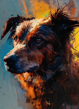 Portrait of a mixed breed dog. Digital painting on canvas.の素材