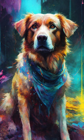 dog in a scarf on a multicolored background, digital paintingの素材