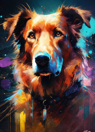 Golden Retriever portrait on abstract colorful background. Digital painting.の素材