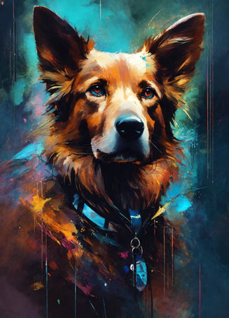 Portrait of a dog on a background of multicolored smokeの素材