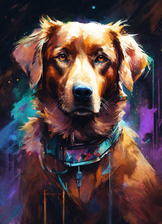 Art painting Golden Retriever dog. Digital painting on canvas.の素材