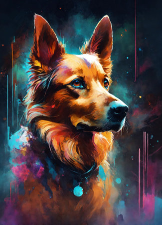 Dog portrait, digital painting on canvas. Colorful abstract background.の素材