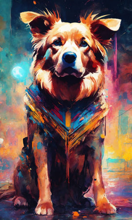 dog in a suit on the background of a colored wall, digital paintingの素材