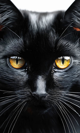 Close-up portrait of black cat with yellow eyes on white backgroundの素材