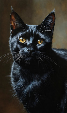 Portrait of black cat with yellow eyes on dark brown background.の素材