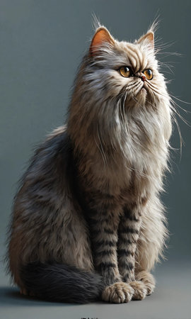 Siberian breed cat on gray background, close-up.の素材